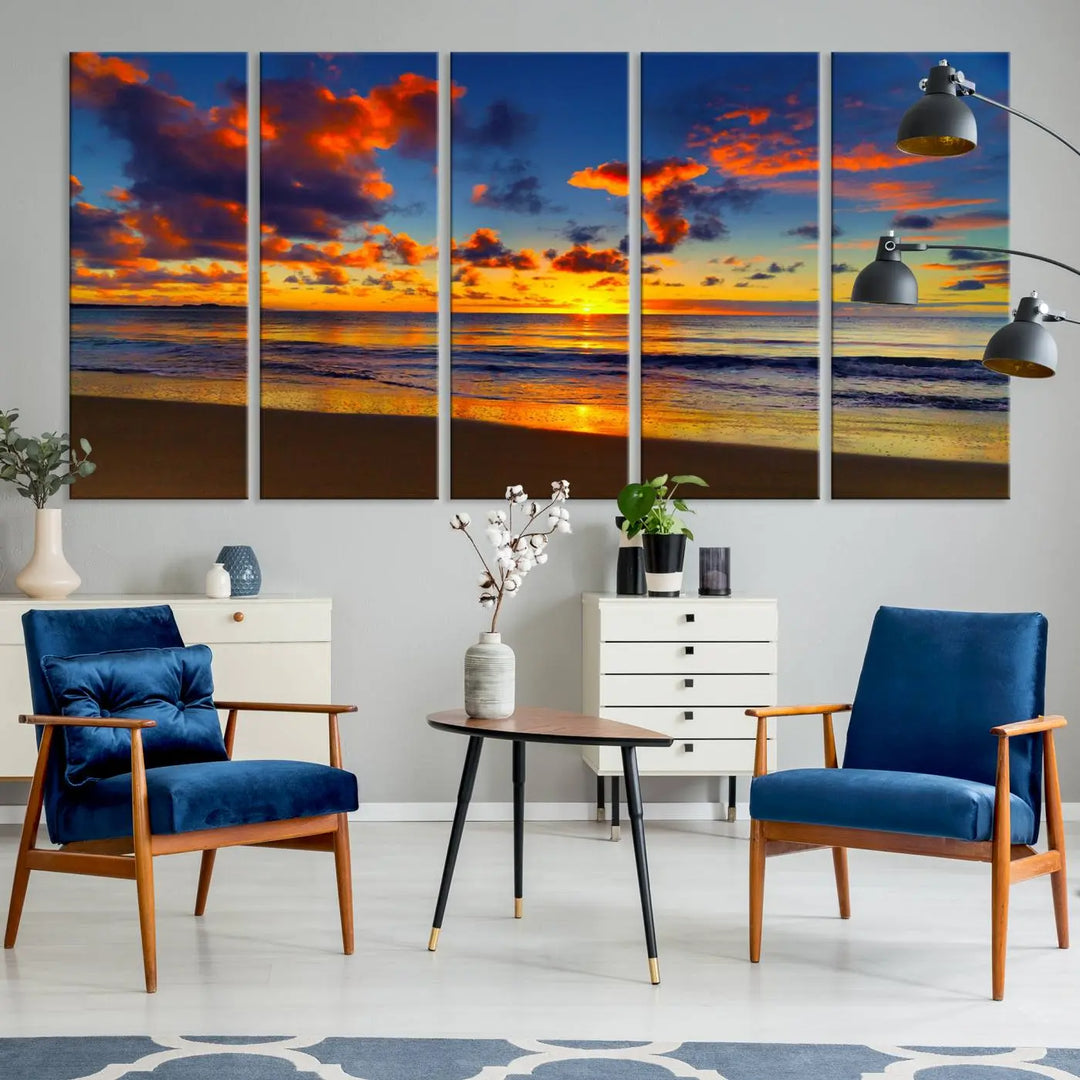 Three-panel Sea Ocean Sunset Beach Wall Art Canvas Print showcasing a vibrant ocean sunset.