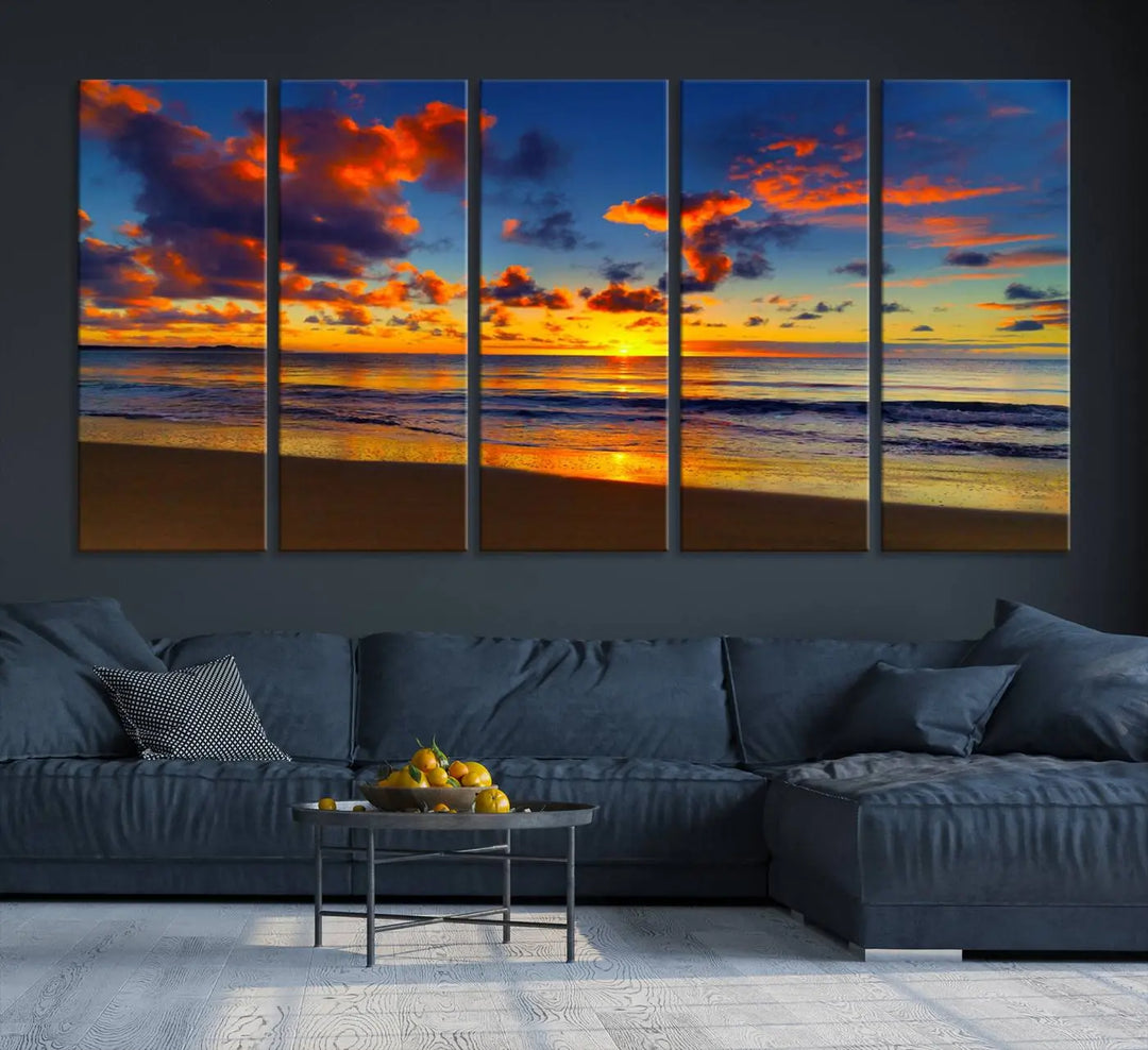 Three-panel Sea Ocean Sunset Beach Wall Art Canvas Print showcasing a vibrant ocean sunset.