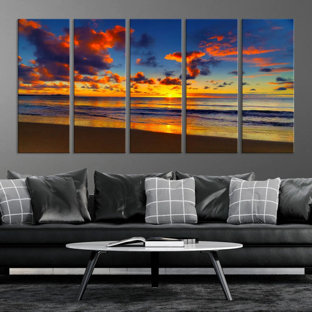 Three-panel Sea Ocean Sunset Beach Wall Art Canvas Print showcasing a vibrant ocean sunset.