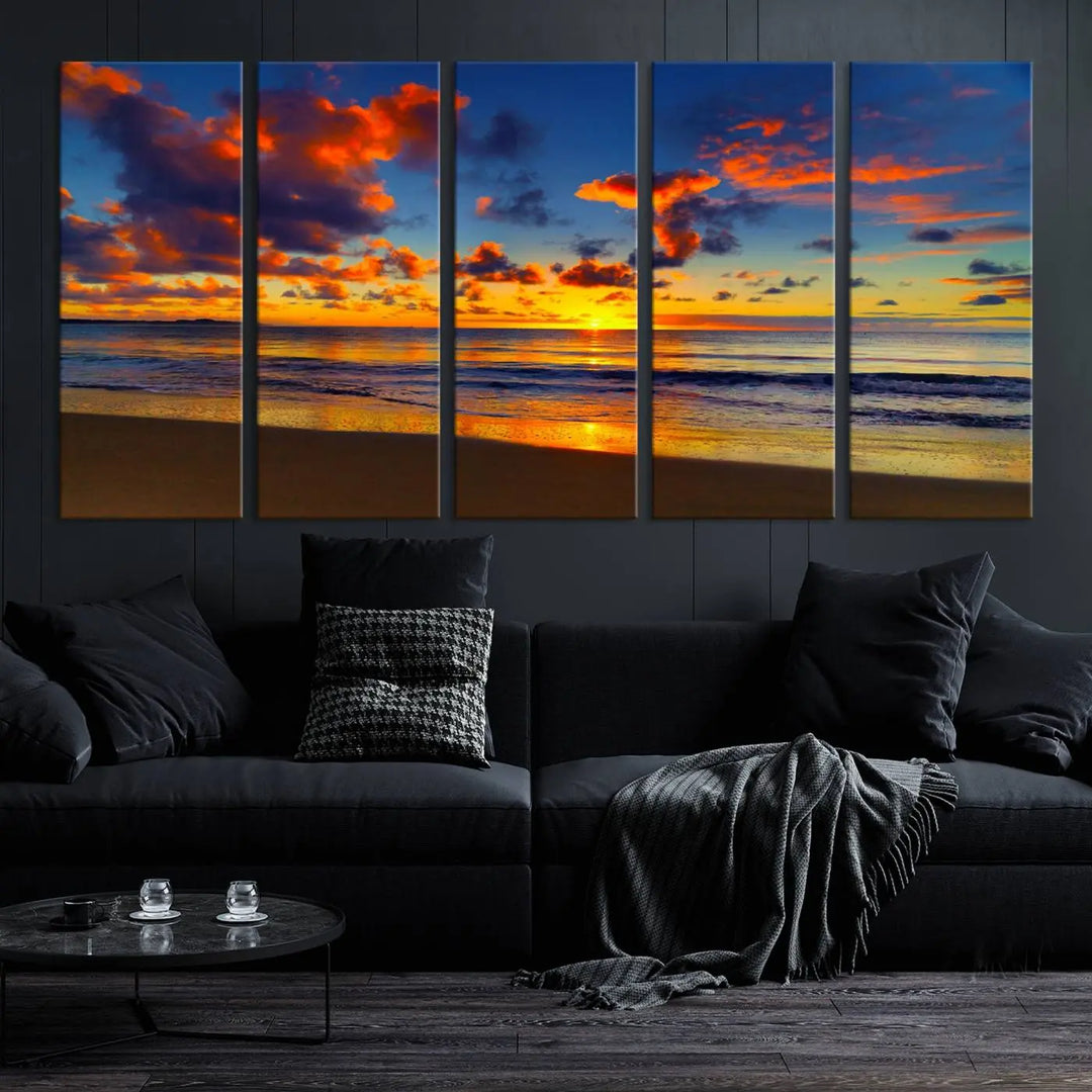 Three-panel Sea Ocean Sunset Beach Wall Art Canvas Print showcasing a vibrant ocean sunset.