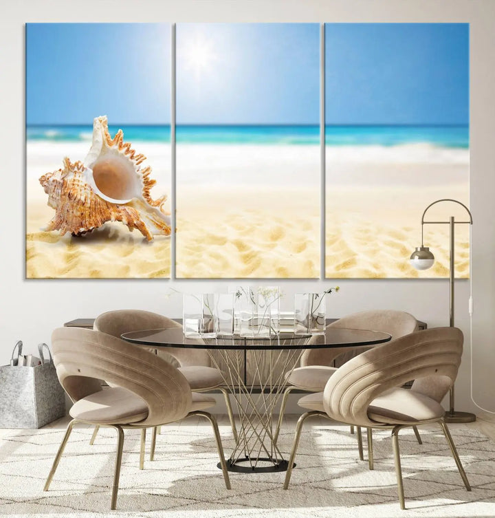 The Sea Shell on The Beach Sun Sand Wall Art Canvas Print is a triptych that beautifully captures a beach scene with a large seashell on the sand.