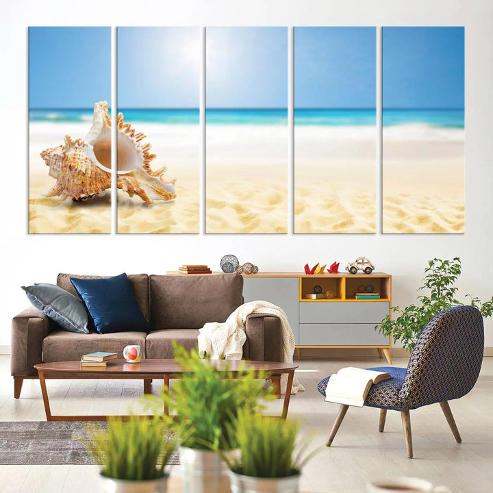 The Sea Shell on The Beach Sun Sand Wall Art Canvas Print is a triptych that beautifully captures a beach scene with a large seashell on the sand.