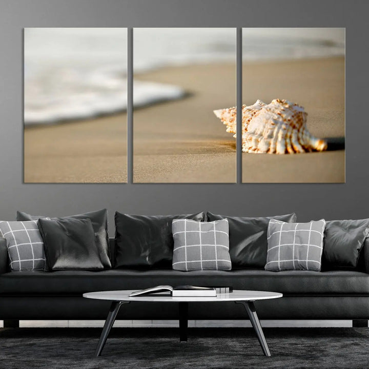 The triptych artwork titled "Sea Shell on the Beach Canvas Wall Art Beach Canvas Print" showcases a seashell on a sandy beach with ocean waves in the background, creating a stunning piece of coastal wall decor.