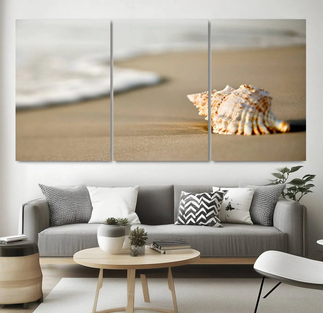 The triptych artwork titled "Sea Shell on the Beach Canvas Wall Art Beach Canvas Print" showcases a seashell on a sandy beach with ocean waves in the background, creating a stunning piece of coastal wall decor.