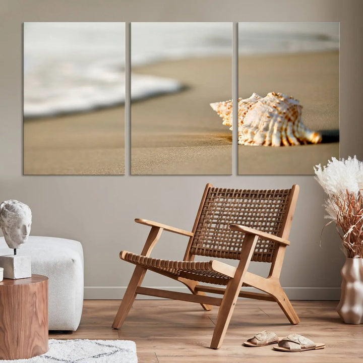 The triptych artwork titled "Sea Shell on the Beach Canvas Wall Art Beach Canvas Print" showcases a seashell on a sandy beach with ocean waves in the background, creating a stunning piece of coastal wall decor.