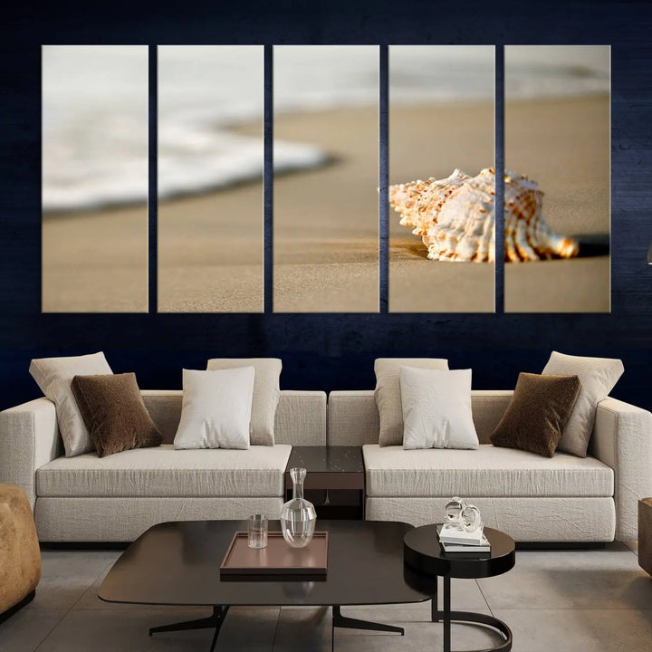 The triptych artwork titled "Sea Shell on the Beach Canvas Wall Art Beach Canvas Print" showcases a seashell on a sandy beach with ocean waves in the background, creating a stunning piece of coastal wall decor.