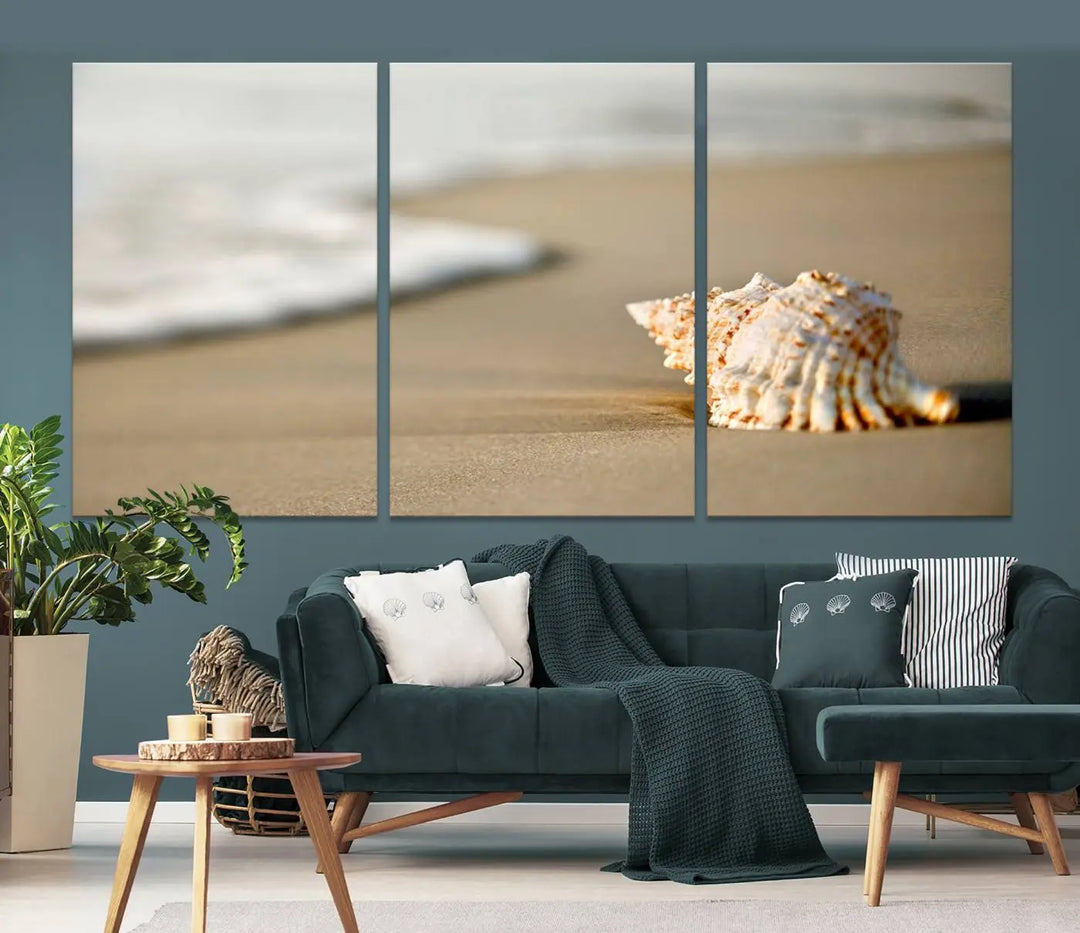 The triptych artwork titled "Sea Shell on the Beach Canvas Wall Art Beach Canvas Print" showcases a seashell on a sandy beach with ocean waves in the background, creating a stunning piece of coastal wall decor.