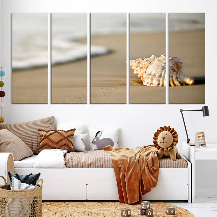 The triptych artwork titled "Sea Shell on the Beach Canvas Wall Art Beach Canvas Print" showcases a seashell on a sandy beach with ocean waves in the background, creating a stunning piece of coastal wall decor.