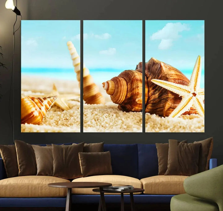 The "Sea Shells by the Beach Wall Art Canvas Print" features seashells and a starfish, crafted on museum-quality canvas. It comes ready to hang, instantly infusing any space with a coastal vibe.