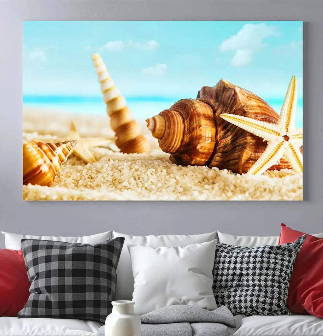 The "Sea Shells by the Beach Wall Art Canvas Print" features seashells and a starfish, crafted on museum-quality canvas. It comes ready to hang, instantly infusing any space with a coastal vibe.