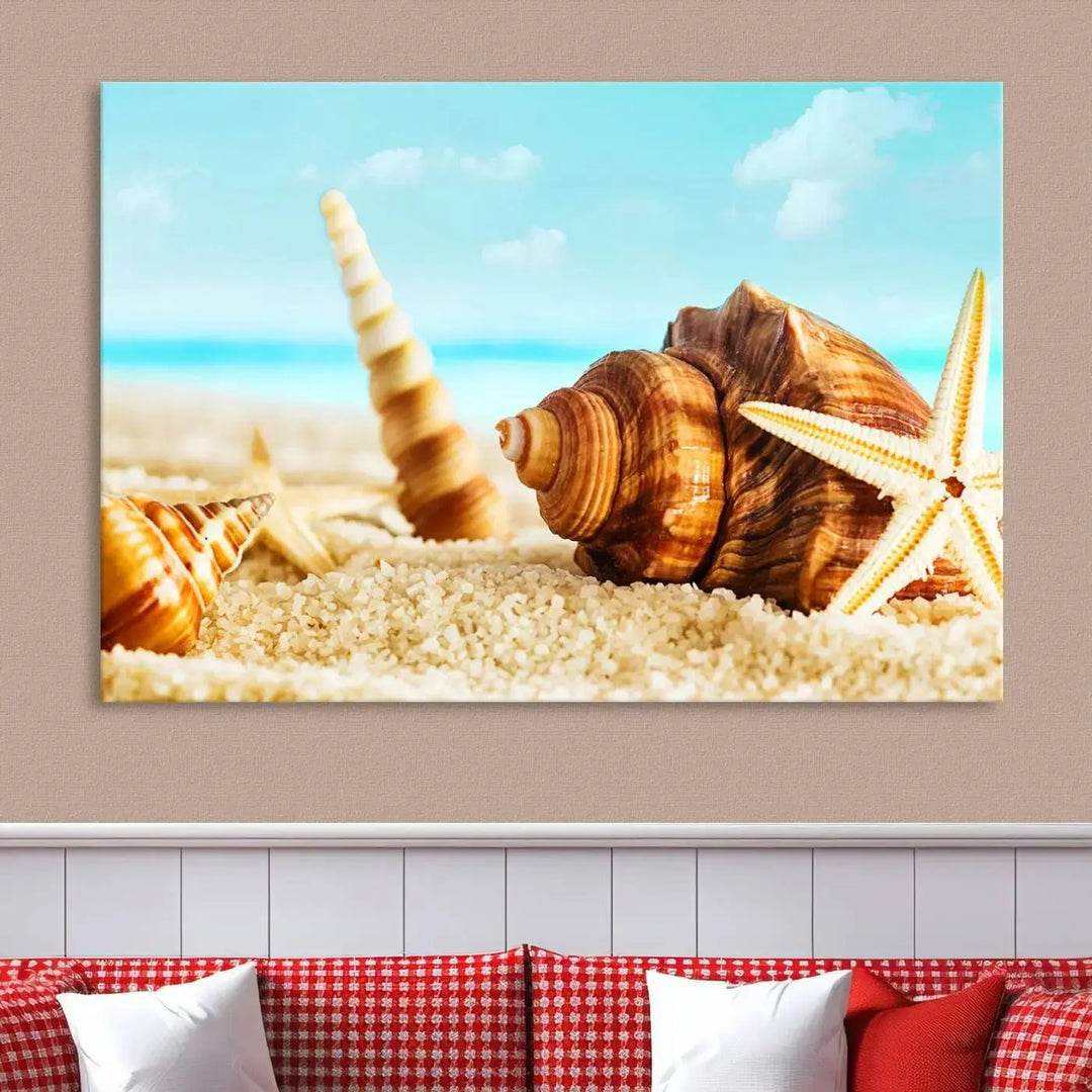 The "Sea Shells by the Beach Wall Art Canvas Print" features seashells and a starfish, crafted on museum-quality canvas. It comes ready to hang, instantly infusing any space with a coastal vibe.