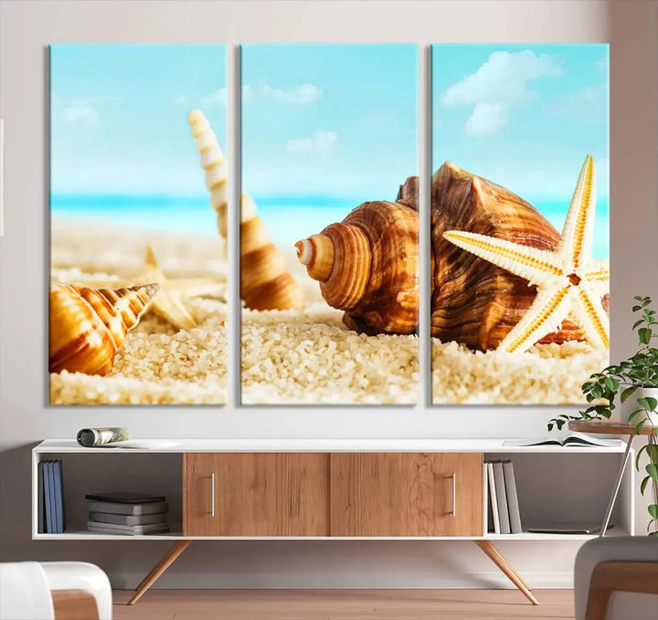 The "Sea Shells by the Beach Wall Art Canvas Print" features seashells and a starfish, crafted on museum-quality canvas. It comes ready to hang, instantly infusing any space with a coastal vibe.