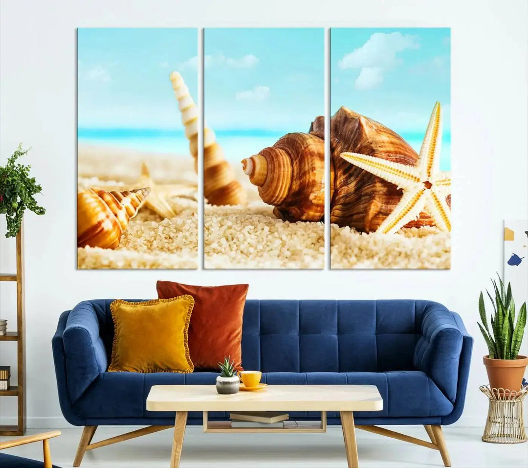 The "Sea Shells by the Beach Wall Art Canvas Print" features seashells and a starfish, crafted on museum-quality canvas. It comes ready to hang, instantly infusing any space with a coastal vibe.