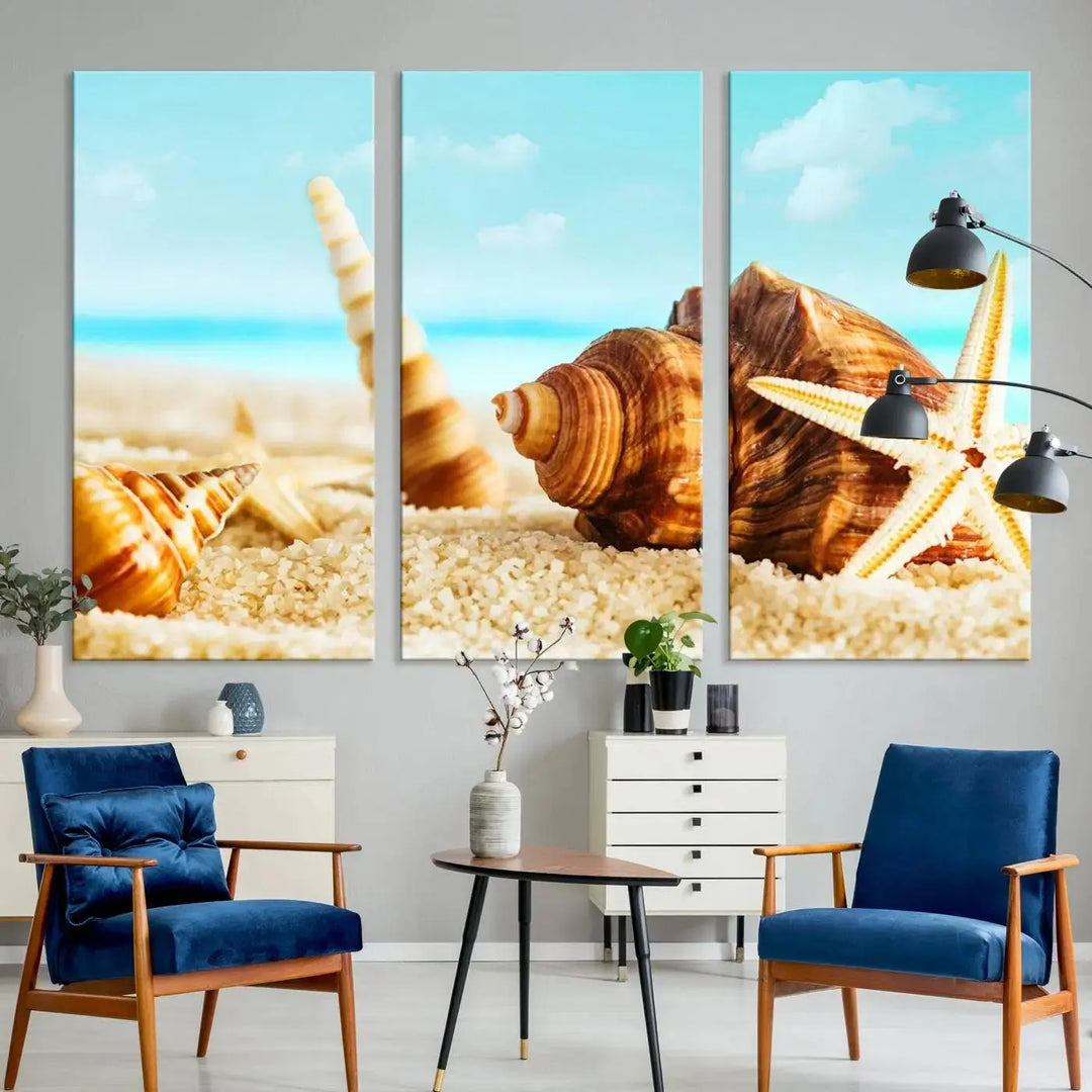 The "Sea Shells by the Beach Wall Art Canvas Print" features seashells and a starfish, crafted on museum-quality canvas. It comes ready to hang, instantly infusing any space with a coastal vibe.