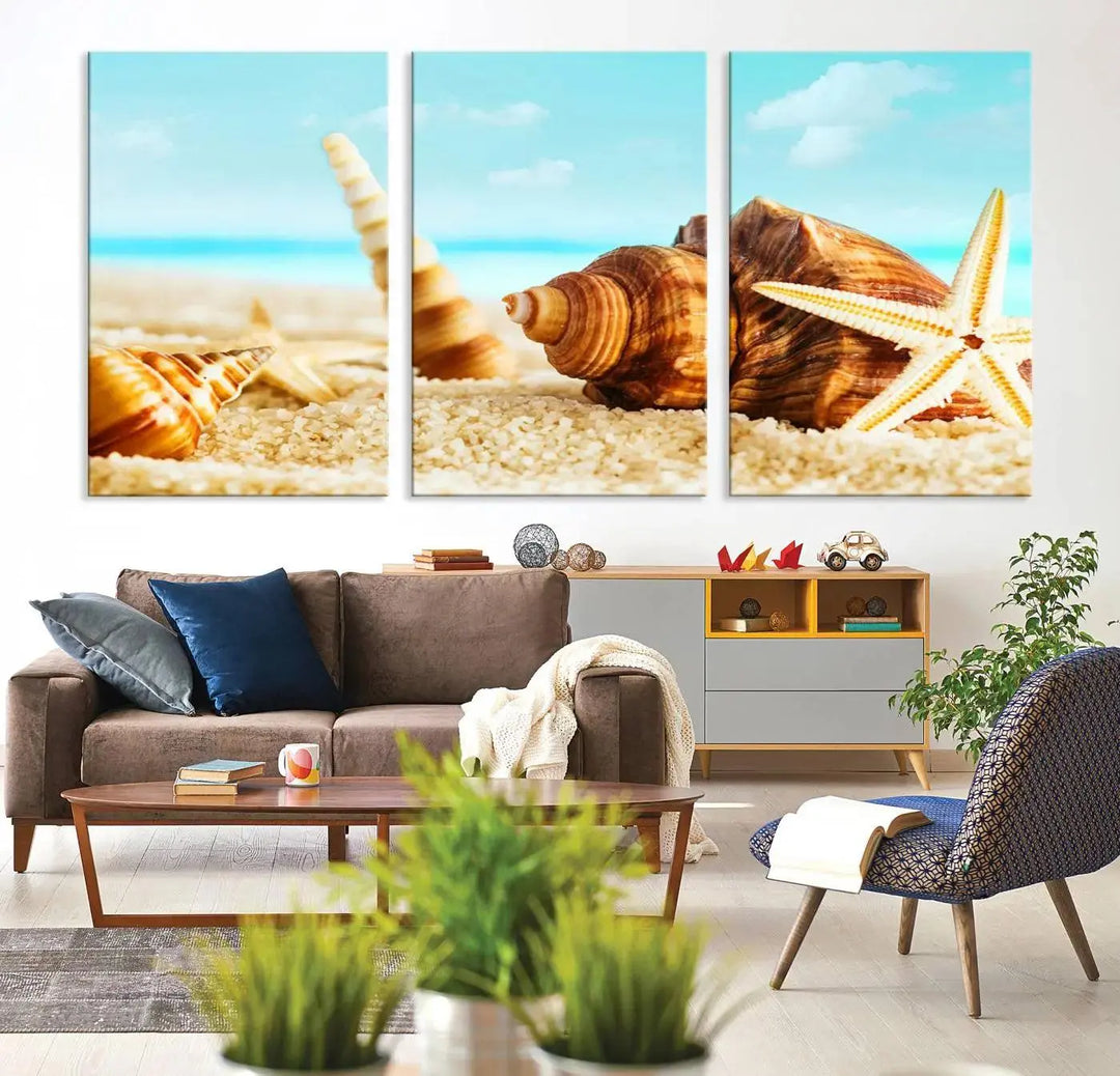 The "Sea Shells by the Beach Wall Art Canvas Print" features seashells and a starfish, crafted on museum-quality canvas. It comes ready to hang, instantly infusing any space with a coastal vibe.