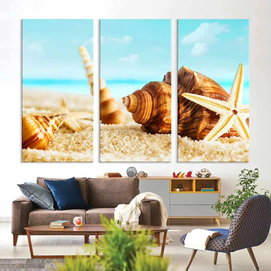 The "Sea Shells by the Beach Wall Art Canvas Print" features seashells and a starfish, crafted on museum-quality canvas. It comes ready to hang, instantly infusing any space with a coastal vibe.