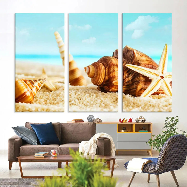 The "Sea Shells by the Beach Wall Art Canvas Print" features seashells and a starfish, crafted on museum-quality canvas. It comes ready to hang, instantly infusing any space with a coastal vibe.