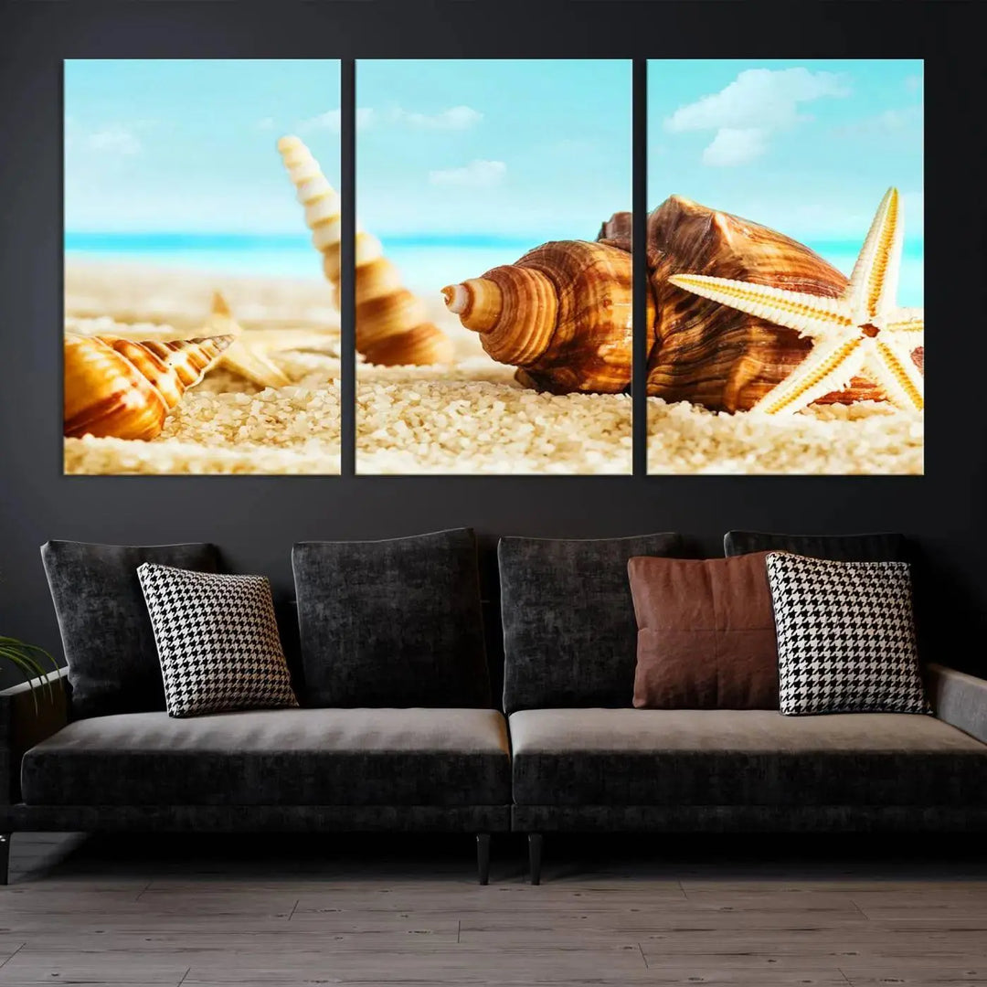 The "Sea Shells by the Beach Wall Art Canvas Print" features seashells and a starfish, crafted on museum-quality canvas. It comes ready to hang, instantly infusing any space with a coastal vibe.