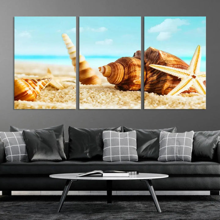 The "Sea Shells by the Beach Wall Art Canvas Print" features seashells and a starfish, crafted on museum-quality canvas. It comes ready to hang, instantly infusing any space with a coastal vibe.