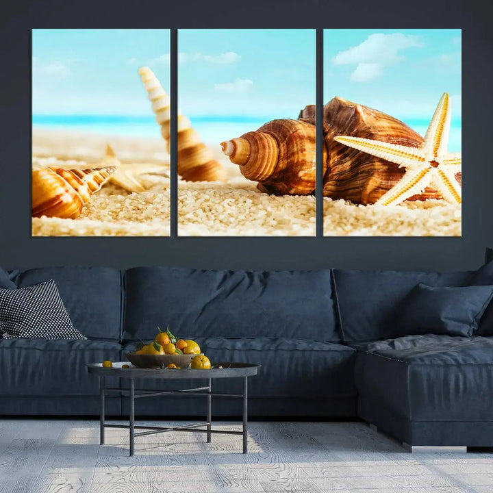 The "Sea Shells by the Beach Wall Art Canvas Print" features seashells and a starfish, crafted on museum-quality canvas. It comes ready to hang, instantly infusing any space with a coastal vibe.