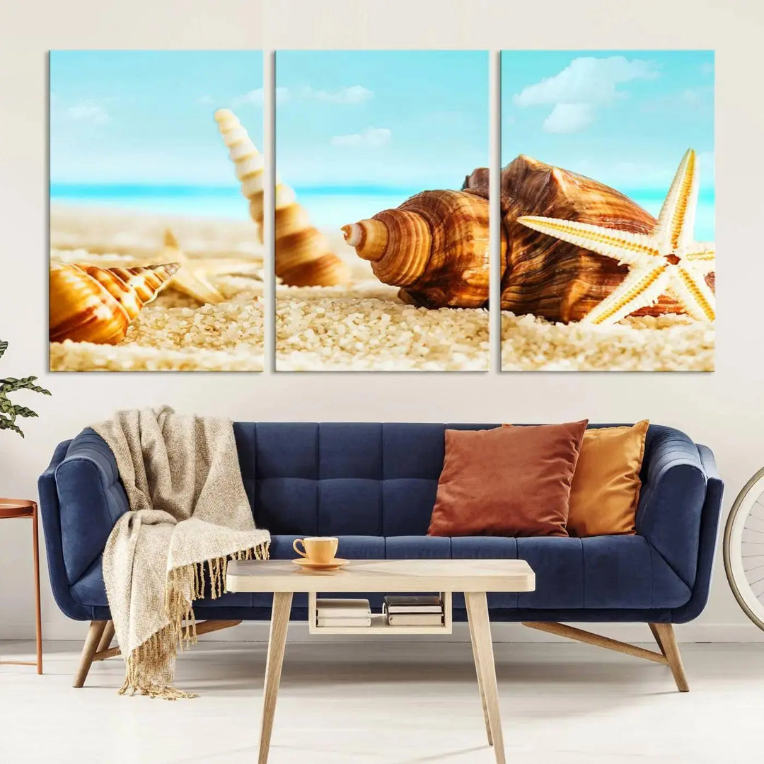 The "Sea Shells by the Beach Wall Art Canvas Print" features seashells and a starfish, crafted on museum-quality canvas. It comes ready to hang, instantly infusing any space with a coastal vibe.