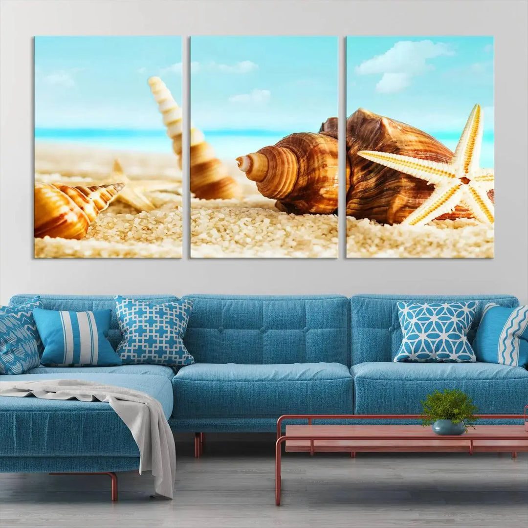 The "Sea Shells by the Beach Wall Art Canvas Print" features seashells and a starfish, crafted on museum-quality canvas. It comes ready to hang, instantly infusing any space with a coastal vibe.