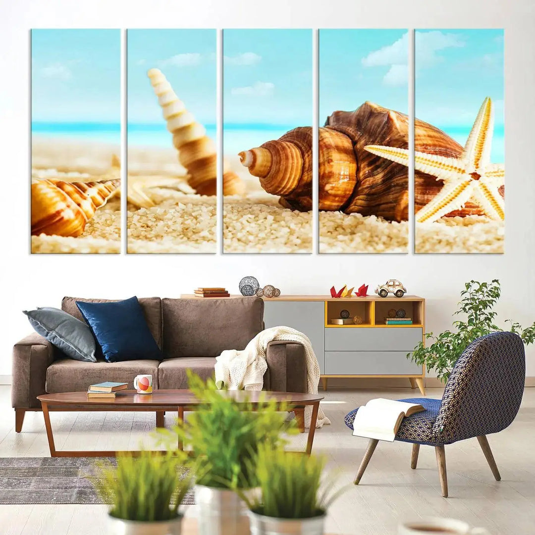 The "Sea Shells by the Beach Wall Art Canvas Print" features seashells and a starfish, crafted on museum-quality canvas. It comes ready to hang, instantly infusing any space with a coastal vibe.