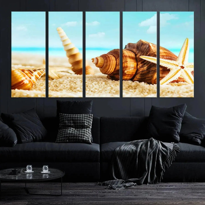 The "Sea Shells by the Beach Wall Art Canvas Print" features seashells and a starfish, crafted on museum-quality canvas. It comes ready to hang, instantly infusing any space with a coastal vibe.