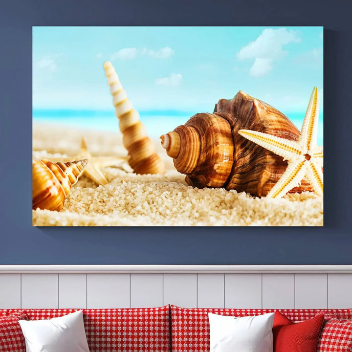 The "Sea Shells by the Beach Wall Art Canvas Print" features seashells and a starfish, crafted on museum-quality canvas. It comes ready to hang, instantly infusing any space with a coastal vibe.