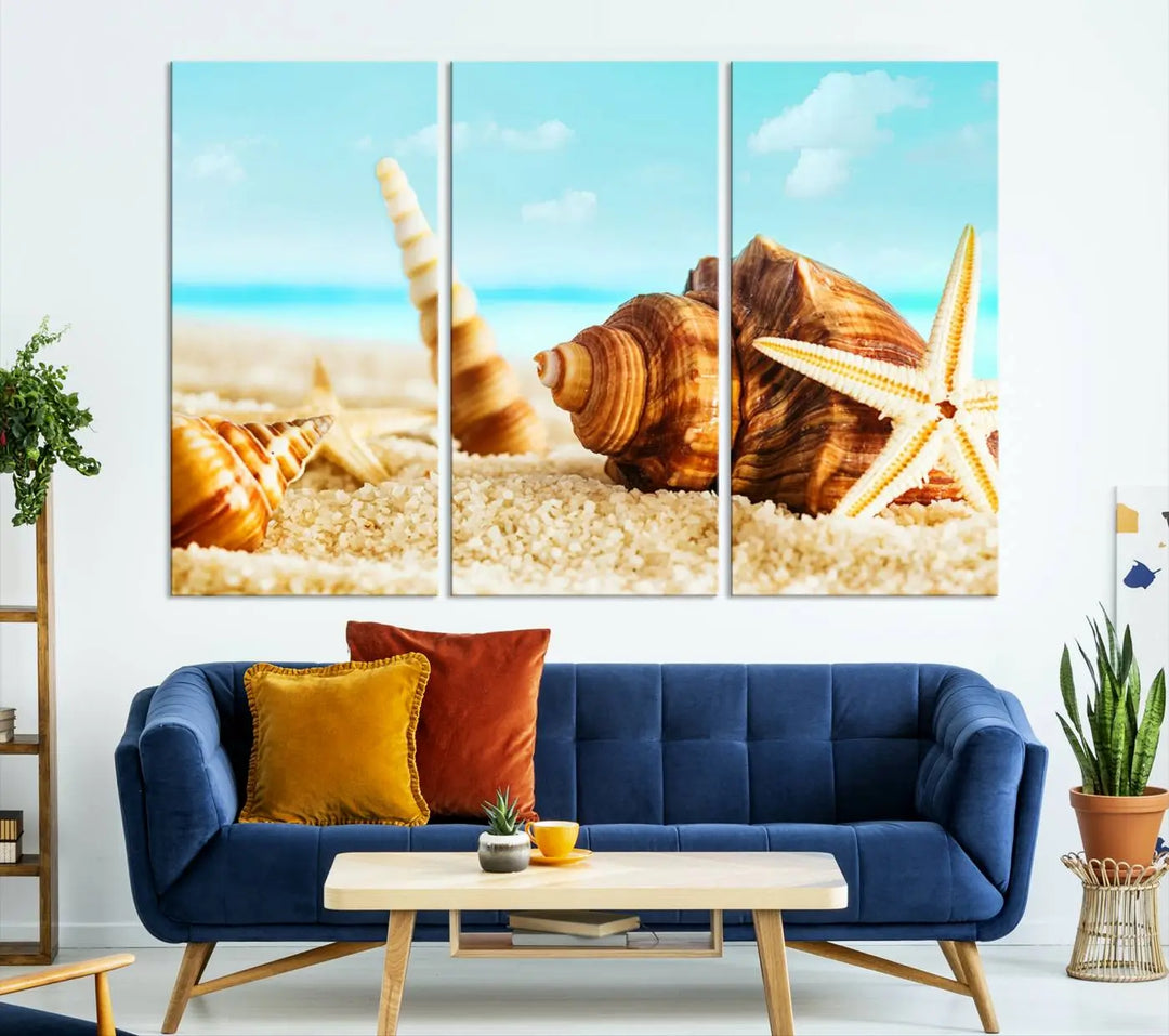 The "Sea Shells by the Beach Wall Art Canvas Print" features seashells and a starfish, crafted on museum-quality canvas. It comes ready to hang, instantly infusing any space with a coastal vibe.