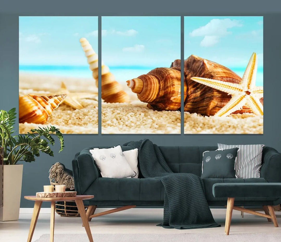 The "Sea Shells by the Beach Wall Art Canvas Print" features seashells and a starfish, crafted on museum-quality canvas. It comes ready to hang, instantly infusing any space with a coastal vibe.