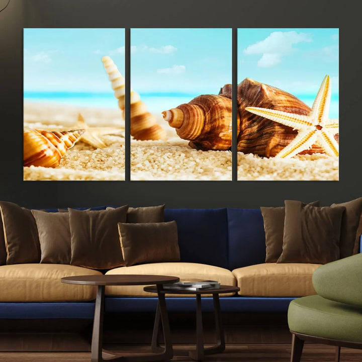 The "Sea Shells by the Beach Wall Art Canvas Print" features seashells and a starfish, crafted on museum-quality canvas. It comes ready to hang, instantly infusing any space with a coastal vibe.