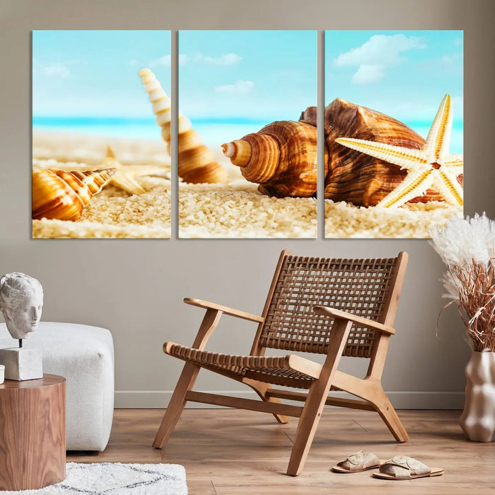 The "Sea Shells by the Beach Wall Art Canvas Print" features seashells and a starfish, crafted on museum-quality canvas. It comes ready to hang, instantly infusing any space with a coastal vibe.