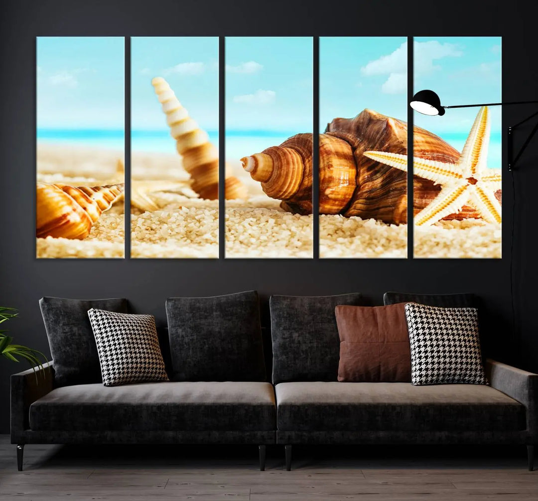 The "Sea Shells by the Beach Wall Art Canvas Print" features seashells and a starfish, crafted on museum-quality canvas. It comes ready to hang, instantly infusing any space with a coastal vibe.