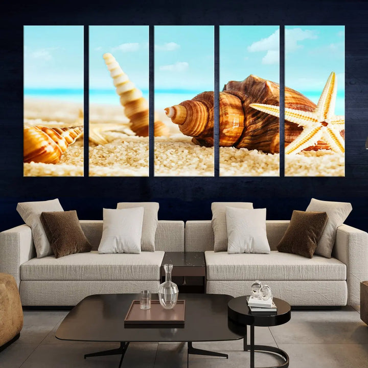 The "Sea Shells by the Beach Wall Art Canvas Print" features seashells and a starfish, crafted on museum-quality canvas. It comes ready to hang, instantly infusing any space with a coastal vibe.