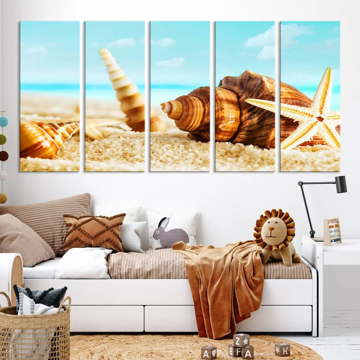 The "Sea Shells by the Beach Wall Art Canvas Print" features seashells and a starfish, crafted on museum-quality canvas. It comes ready to hang, instantly infusing any space with a coastal vibe.