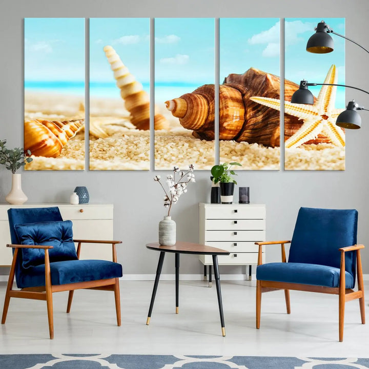 The "Sea Shells by the Beach Wall Art Canvas Print" features seashells and a starfish, crafted on museum-quality canvas. It comes ready to hang, instantly infusing any space with a coastal vibe.