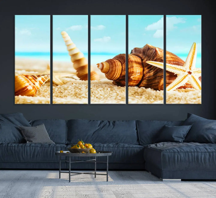 The "Sea Shells by the Beach Wall Art Canvas Print" features seashells and a starfish, crafted on museum-quality canvas. It comes ready to hang, instantly infusing any space with a coastal vibe.