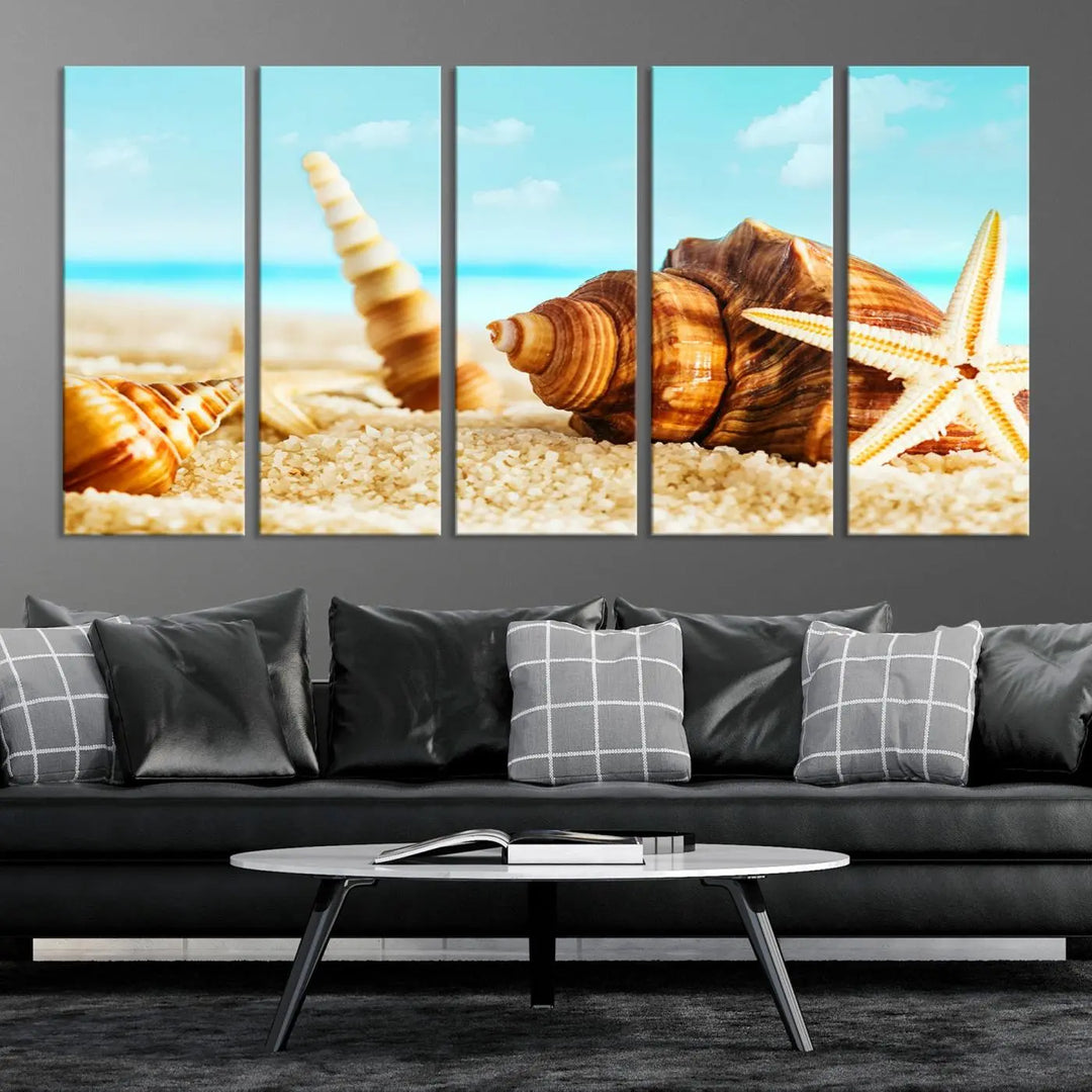 The "Sea Shells by the Beach Wall Art Canvas Print" features seashells and a starfish, crafted on museum-quality canvas. It comes ready to hang, instantly infusing any space with a coastal vibe.