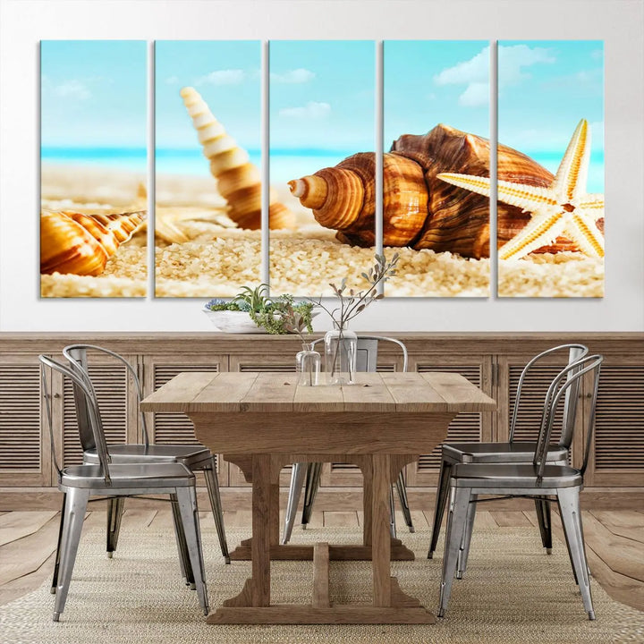 The "Sea Shells by the Beach Wall Art Canvas Print" features seashells and a starfish, crafted on museum-quality canvas. It comes ready to hang, instantly infusing any space with a coastal vibe.