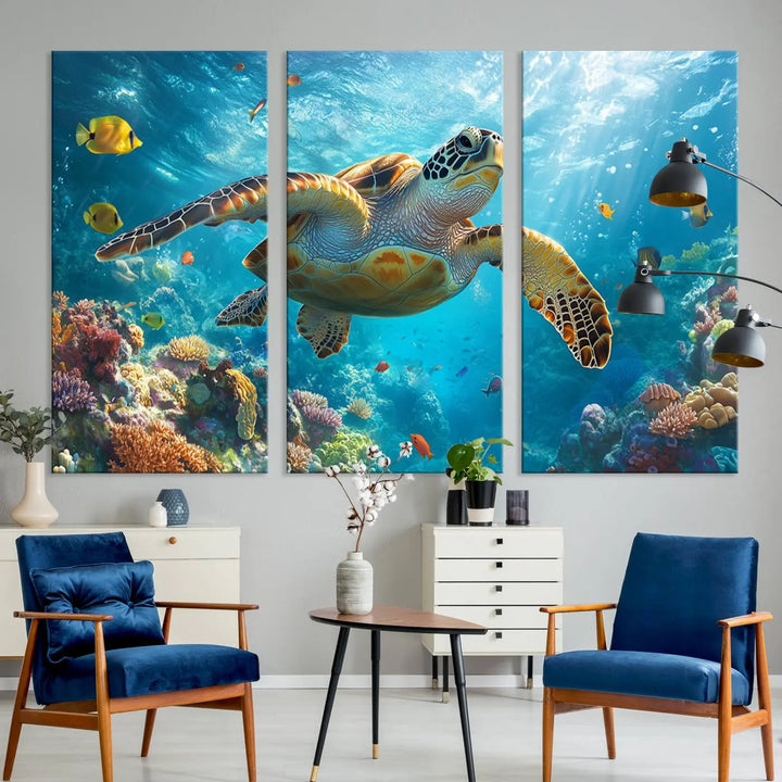 A living room showcases a triptych of the "Sea Turtle Underwater Canvas Wall Art Print - Vibrant Ocean Wildlife Decor, Marine Wall Art," depicting a vibrant sea turtle gliding through colorful coral reefs and celebrating the beauty of marine life.