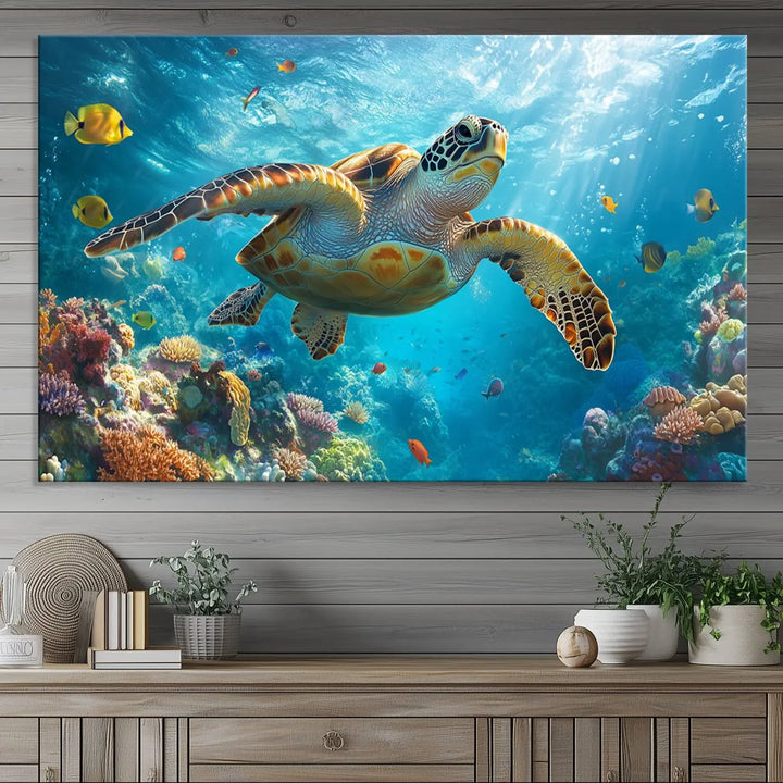 A living room showcases a triptych of the "Sea Turtle Underwater Canvas Wall Art Print - Vibrant Ocean Wildlife Decor, Marine Wall Art," depicting a vibrant sea turtle gliding through colorful coral reefs and celebrating the beauty of marine life.