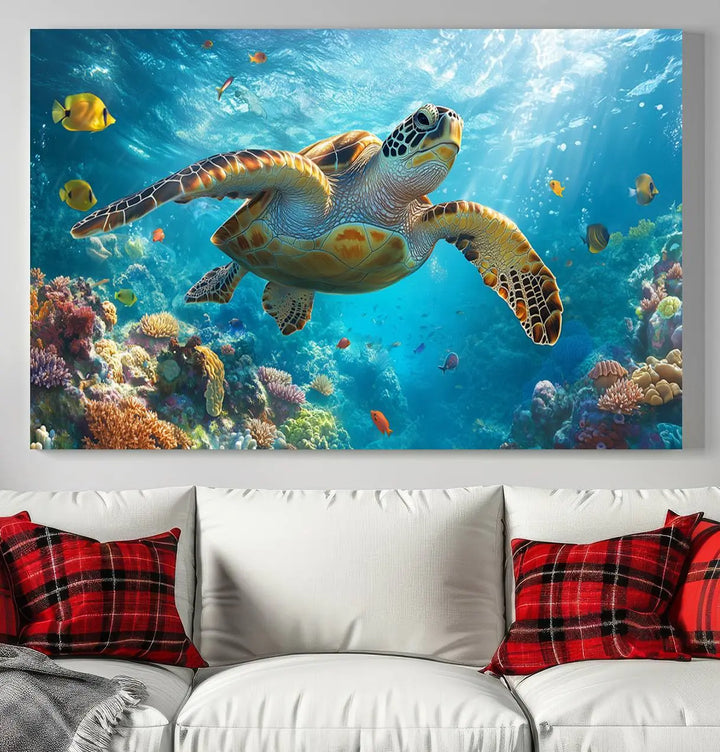 A living room showcases a triptych of the "Sea Turtle Underwater Canvas Wall Art Print - Vibrant Ocean Wildlife Decor, Marine Wall Art," depicting a vibrant sea turtle gliding through colorful coral reefs and celebrating the beauty of marine life.