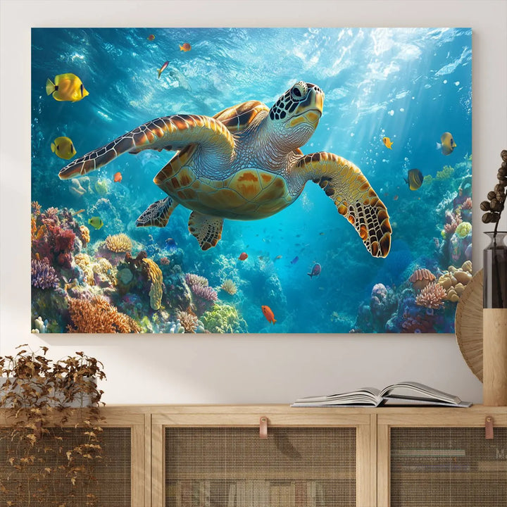 A living room showcases a triptych of the "Sea Turtle Underwater Canvas Wall Art Print - Vibrant Ocean Wildlife Decor, Marine Wall Art," depicting a vibrant sea turtle gliding through colorful coral reefs and celebrating the beauty of marine life.