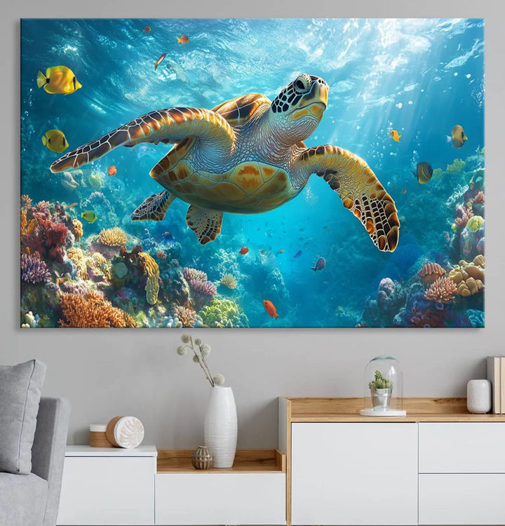 A living room showcases a triptych of the "Sea Turtle Underwater Canvas Wall Art Print - Vibrant Ocean Wildlife Decor, Marine Wall Art," depicting a vibrant sea turtle gliding through colorful coral reefs and celebrating the beauty of marine life.