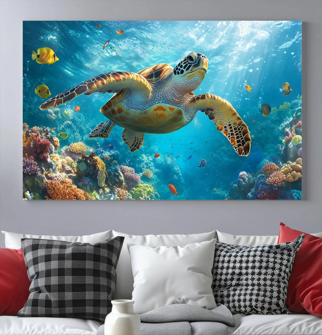 A living room showcases a triptych of the "Sea Turtle Underwater Canvas Wall Art Print - Vibrant Ocean Wildlife Decor, Marine Wall Art," depicting a vibrant sea turtle gliding through colorful coral reefs and celebrating the beauty of marine life.