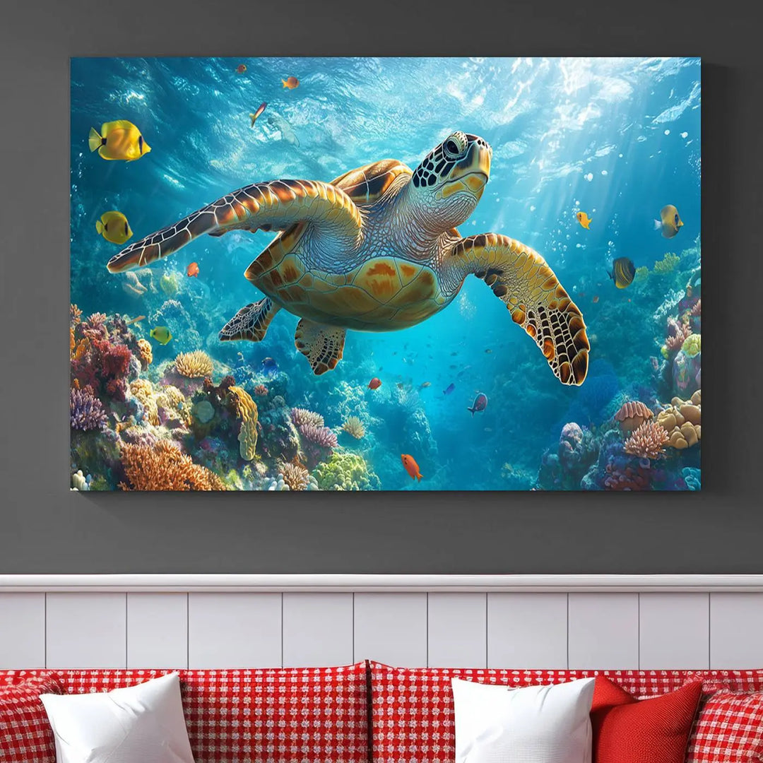 A living room showcases a triptych of the "Sea Turtle Underwater Canvas Wall Art Print - Vibrant Ocean Wildlife Decor, Marine Wall Art," depicting a vibrant sea turtle gliding through colorful coral reefs and celebrating the beauty of marine life.