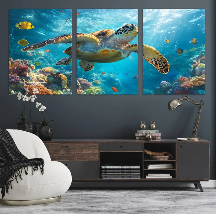 A living room showcases a triptych of the "Sea Turtle Underwater Canvas Wall Art Print - Vibrant Ocean Wildlife Decor, Marine Wall Art," depicting a vibrant sea turtle gliding through colorful coral reefs and celebrating the beauty of marine life.