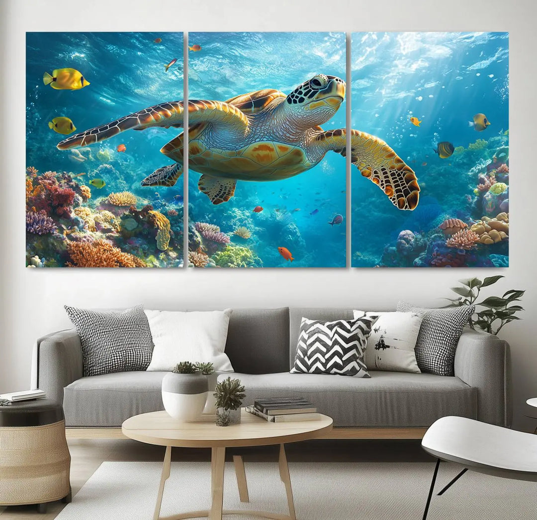 A living room showcases a triptych of the "Sea Turtle Underwater Canvas Wall Art Print - Vibrant Ocean Wildlife Decor, Marine Wall Art," depicting a vibrant sea turtle gliding through colorful coral reefs and celebrating the beauty of marine life.