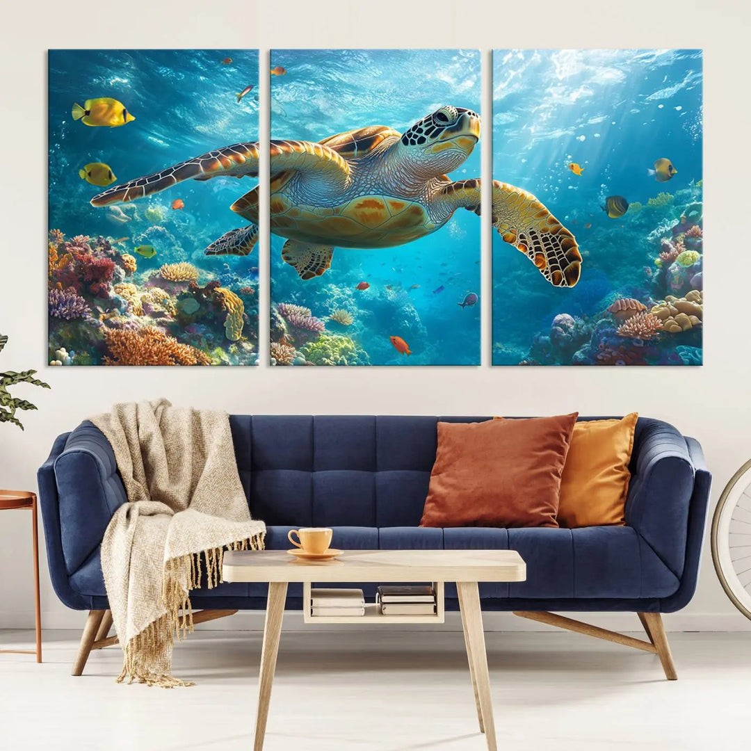 A living room showcases a triptych of the "Sea Turtle Underwater Canvas Wall Art Print - Vibrant Ocean Wildlife Decor, Marine Wall Art," depicting a vibrant sea turtle gliding through colorful coral reefs and celebrating the beauty of marine life.